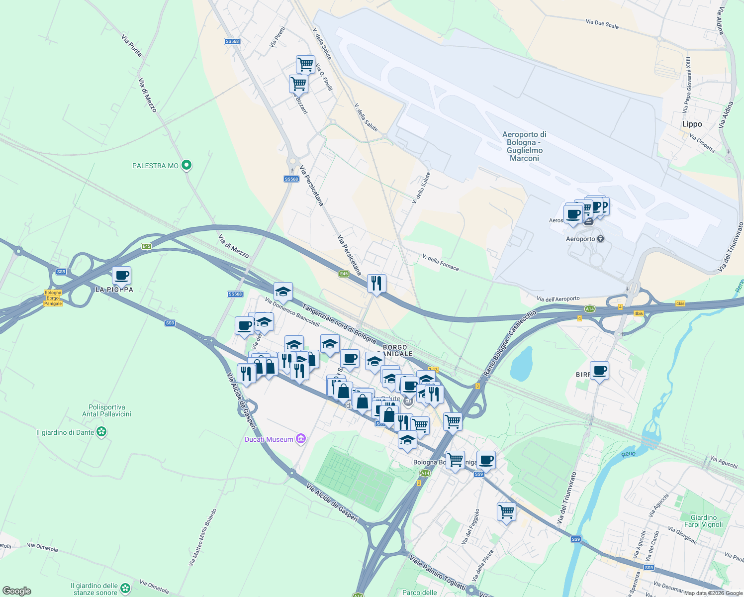 map of restaurants, bars, coffee shops, grocery stores, and more near 6 Via della Salute in Bologna