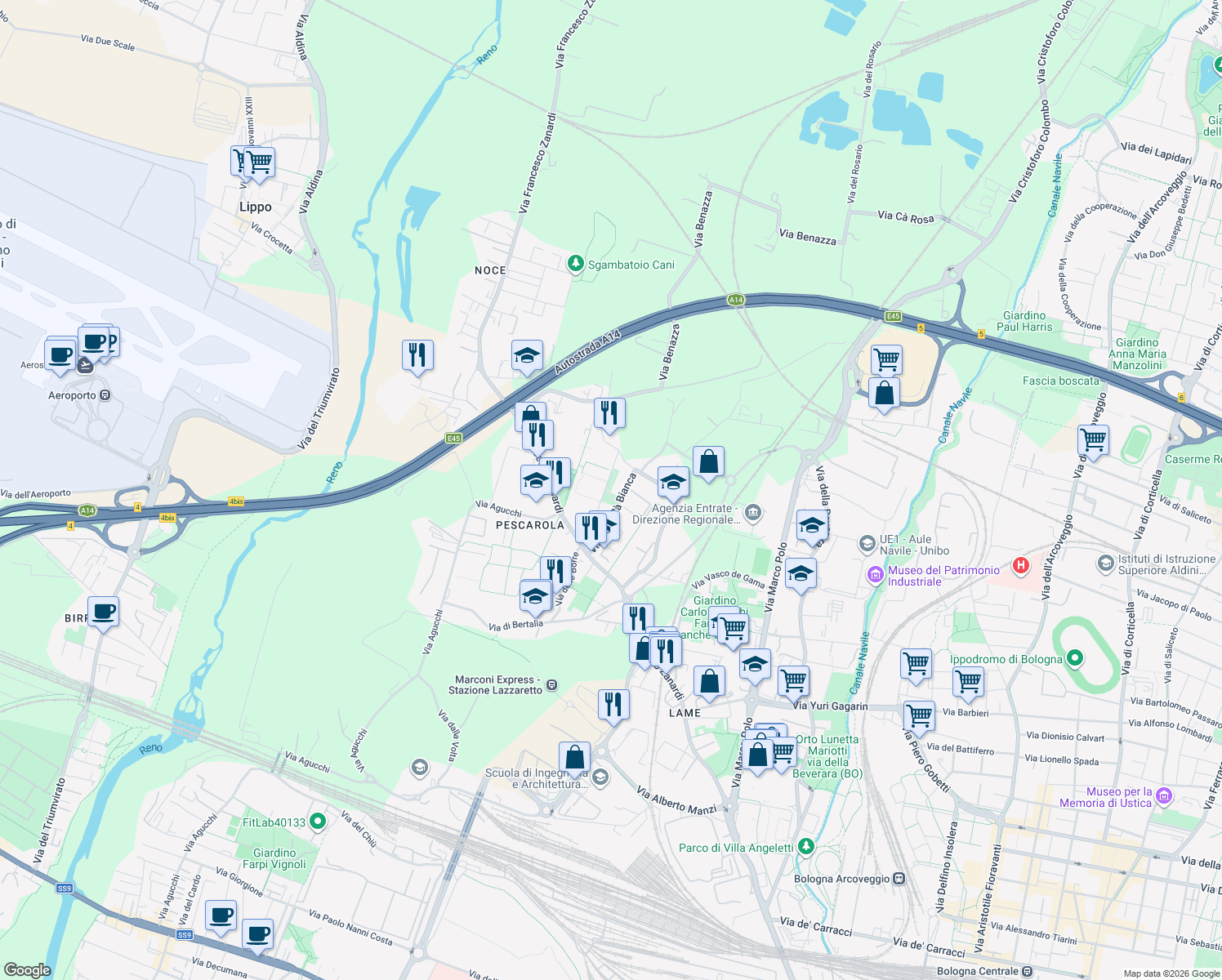 map of restaurants, bars, coffee shops, grocery stores, and more near 38 Via Molino di Pescarola in Bologna