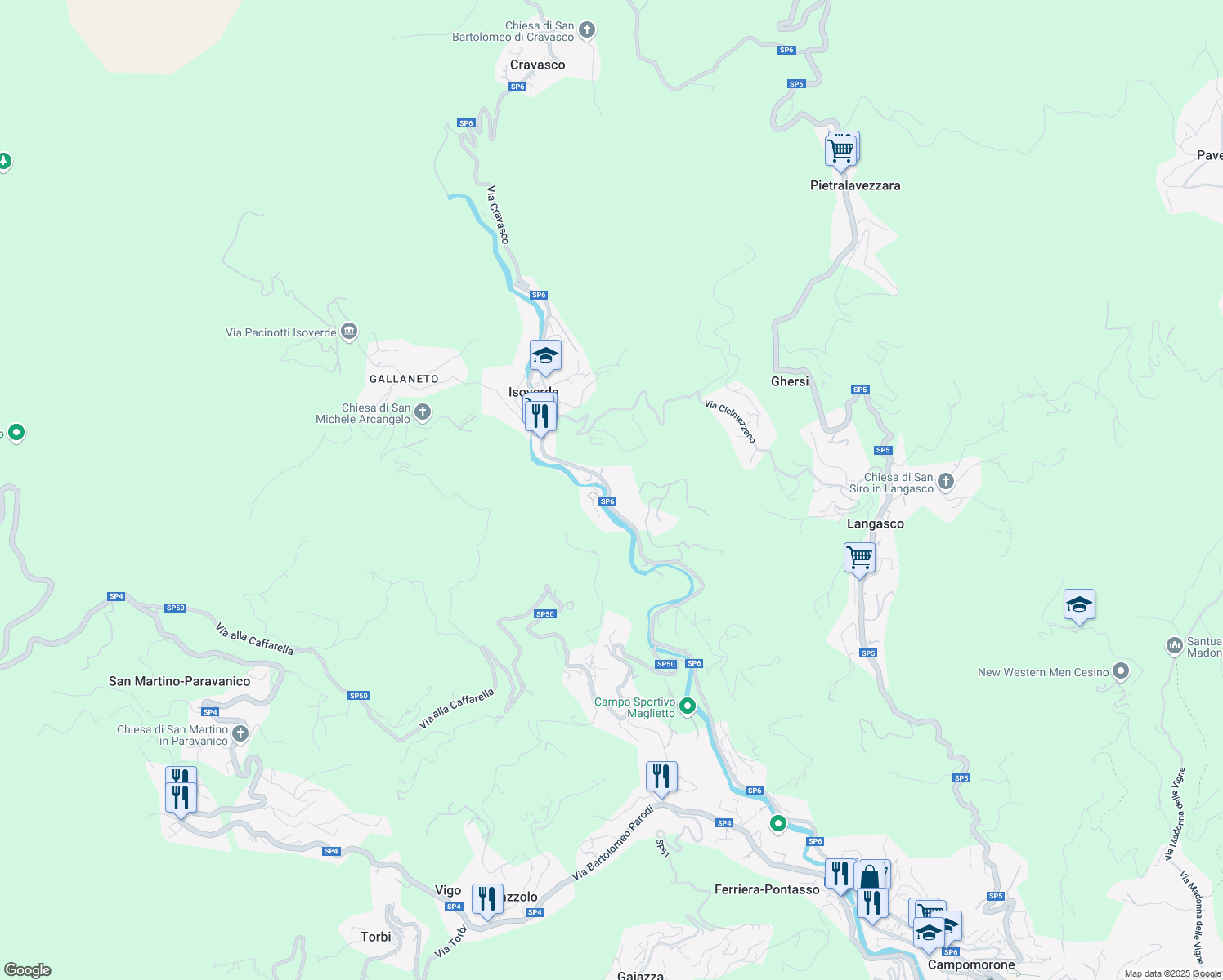 map of restaurants, bars, coffee shops, grocery stores, and more near Strada Provinciale 6 in Città Metropolitana di Genova
