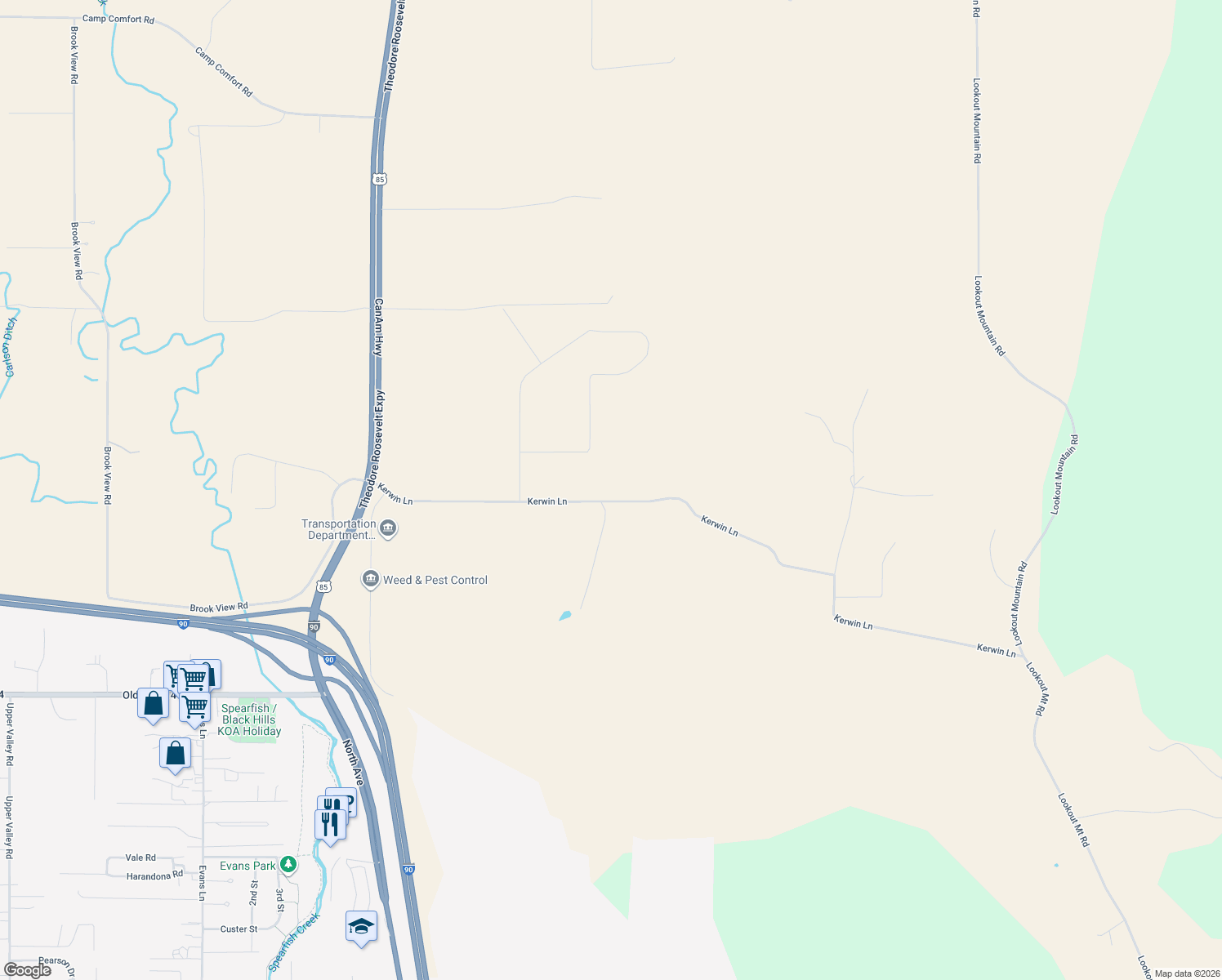 map of restaurants, bars, coffee shops, grocery stores, and more near 1020 Kerwin Lane in Spearfish