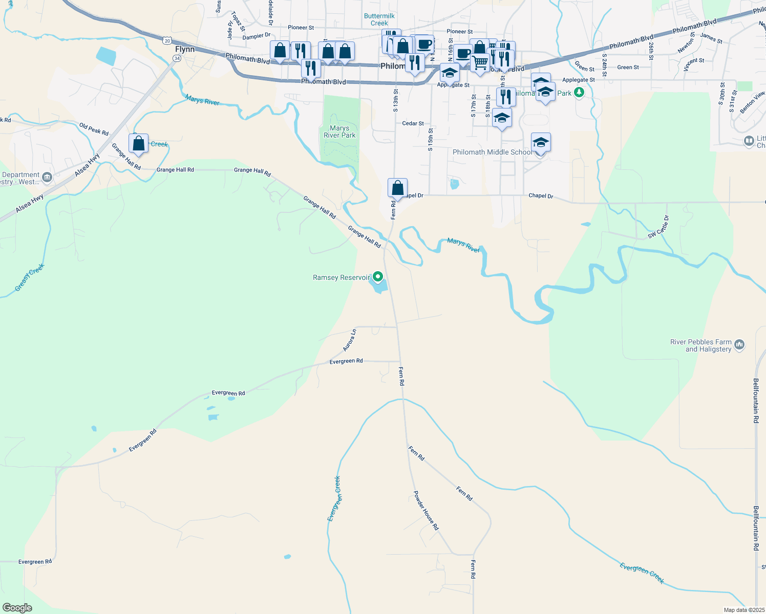 map of restaurants, bars, coffee shops, grocery stores, and more near 32668 Fern Road in Philomath