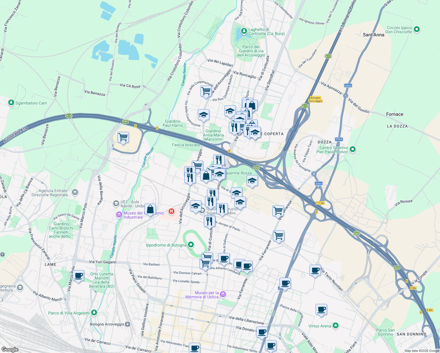 map of restaurants, bars, coffee shops, grocery stores, and more near Via Luciano Proni in Bologna