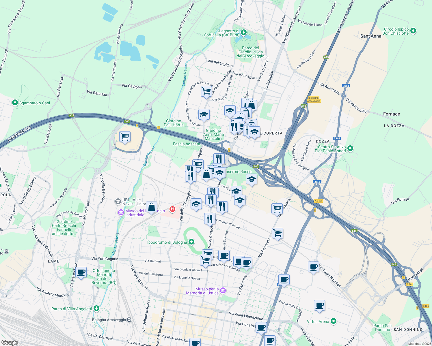 map of restaurants, bars, coffee shops, grocery stores, and more near Via Luciano Proni in Bologna