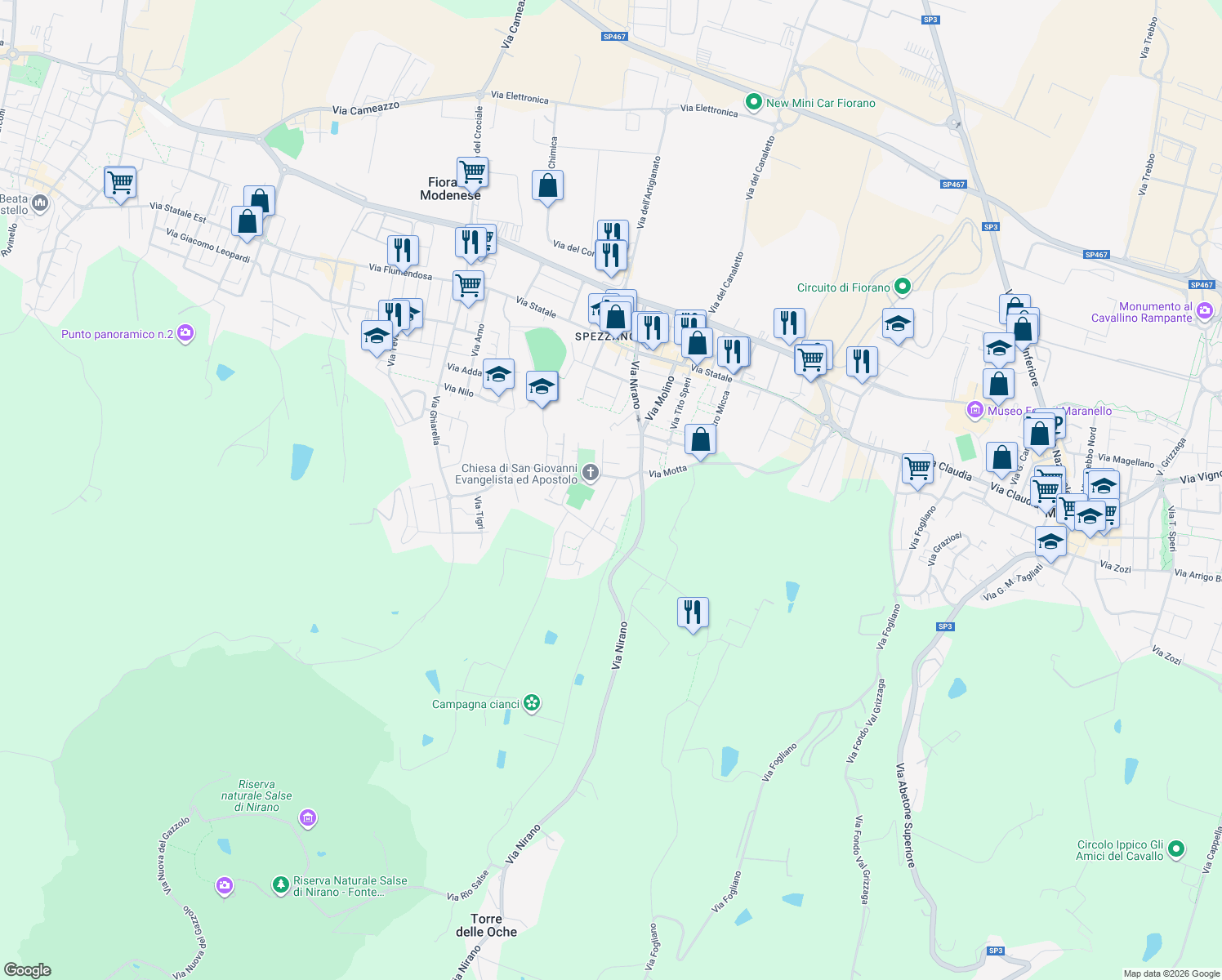 map of restaurants, bars, coffee shops, grocery stores, and more near 252 Via Ghiarella in Fiorano Modenese