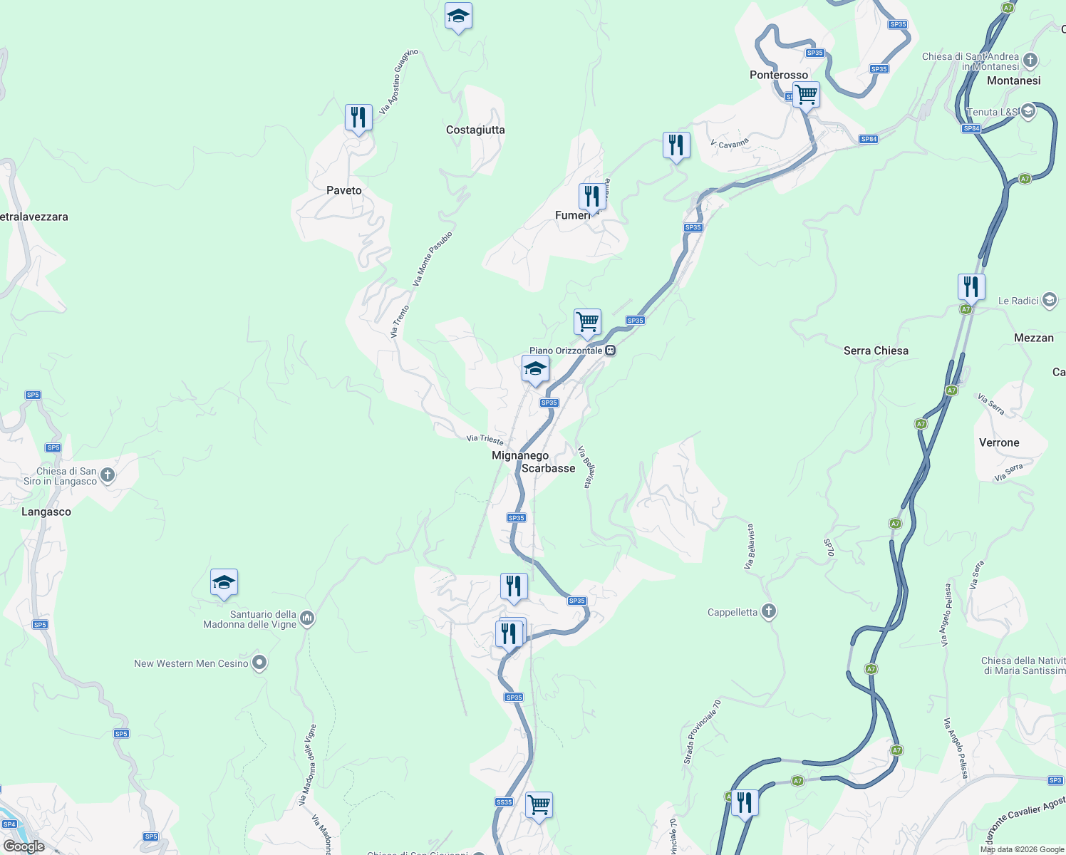map of restaurants, bars, coffee shops, grocery stores, and more near 1 Piazza Giacomo Matteotti in Mignanego