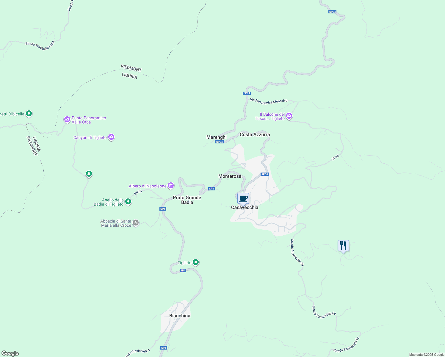 map of restaurants, bars, coffee shops, grocery stores, and more near 85 Via Guglielmo Marconi in Monterosa