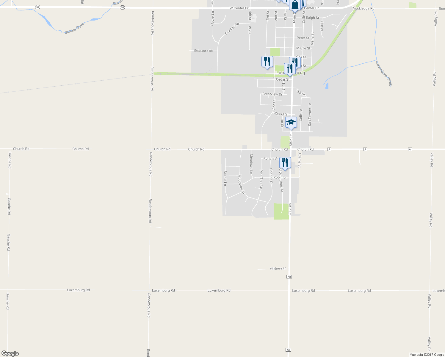 map of restaurants, bars, coffee shops, grocery stores, and more near 1673 Scenic Lane in Luxemburg