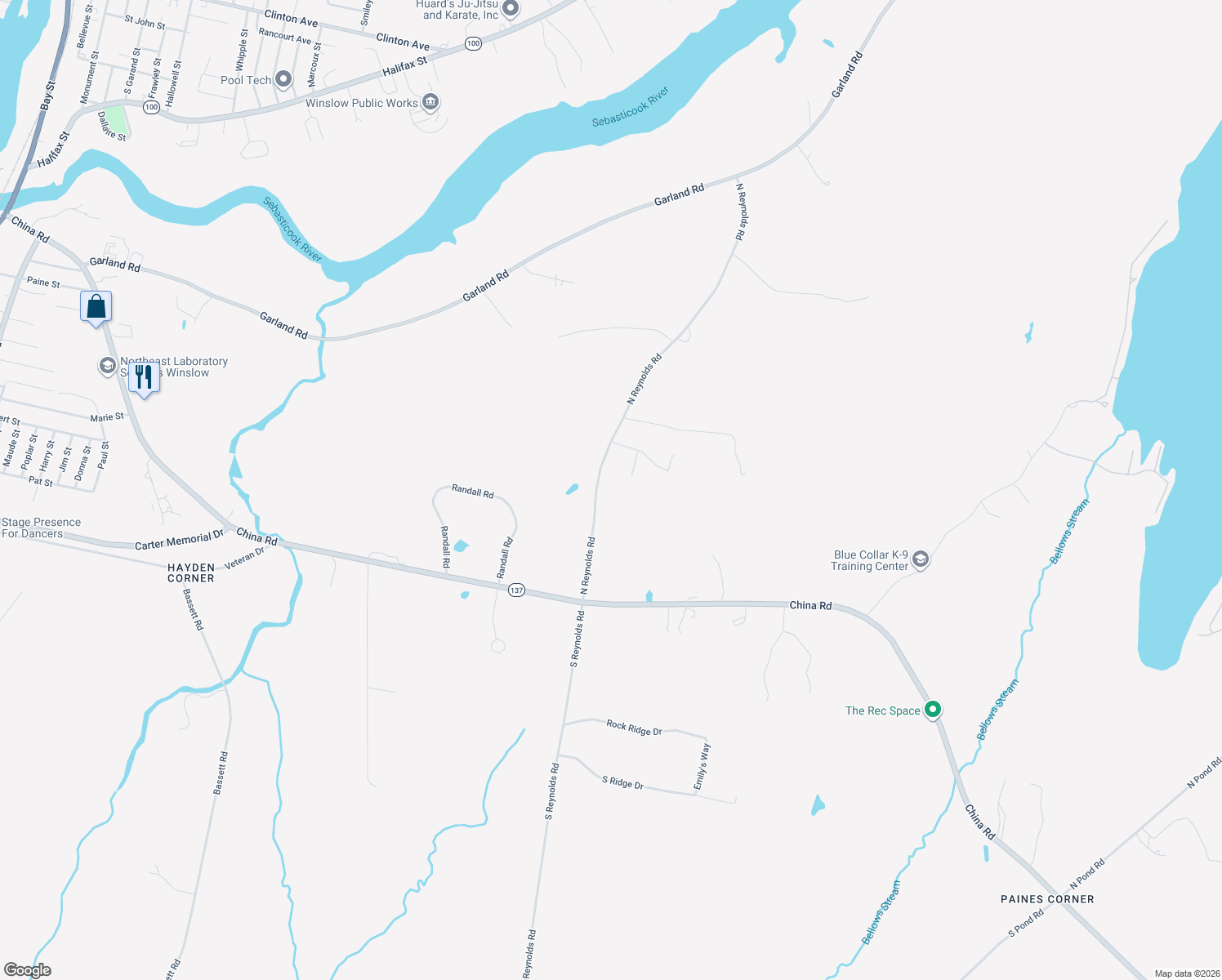 map of restaurants, bars, coffee shops, grocery stores, and more near 59 North Reynolds Road in Winslow