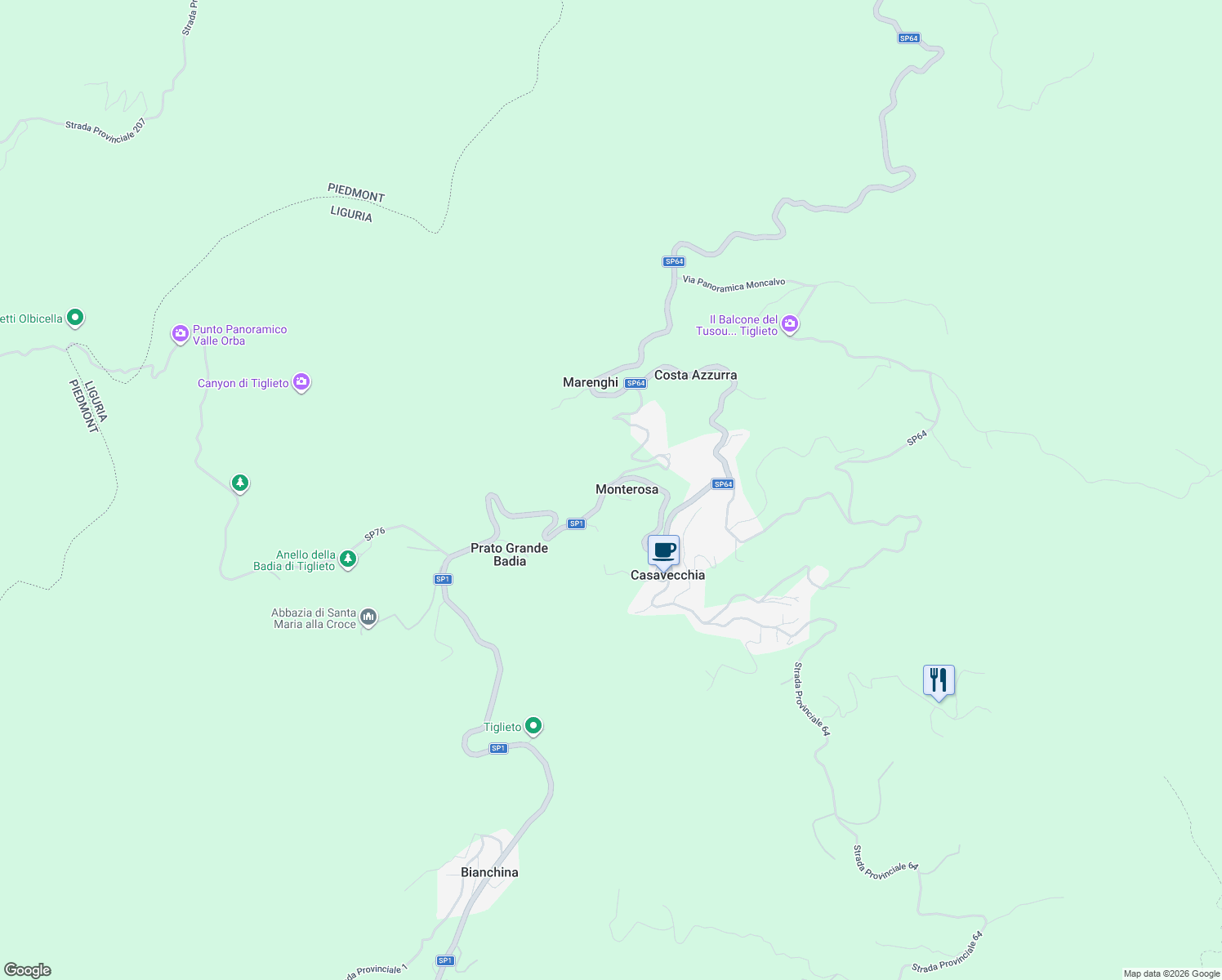 map of restaurants, bars, coffee shops, grocery stores, and more near 85 Via Guglielmo Marconi in Monterosa