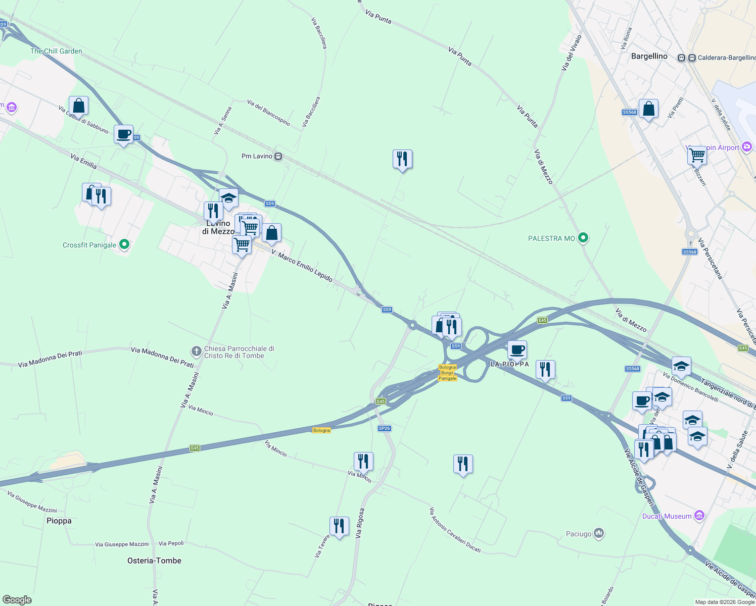 map of restaurants, bars, coffee shops, grocery stores, and more near 216 Via Marco Emilio Lepido in case sparse