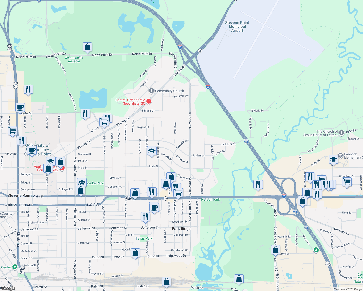 map of restaurants, bars, coffee shops, grocery stores, and more near 507 Sunset Boulevard in Stevens Point