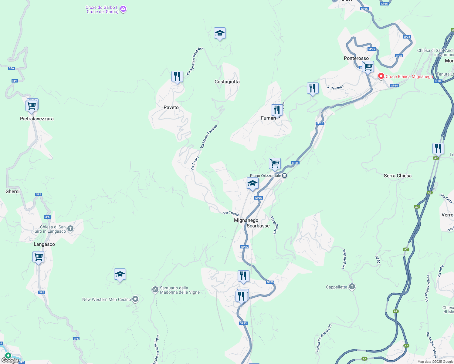 map of restaurants, bars, coffee shops, grocery stores, and more near 7 Via Costigliolo in Mignanego