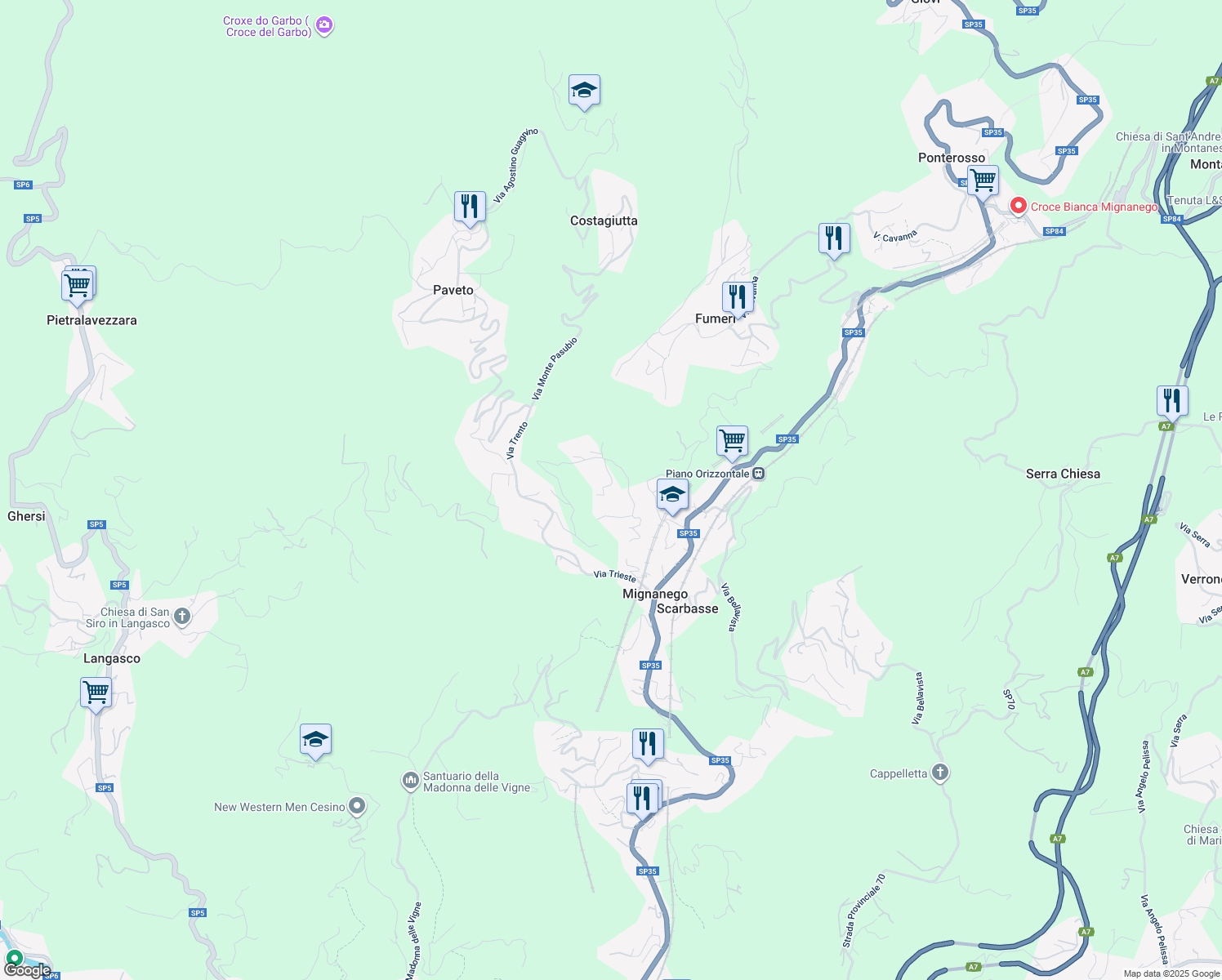 map of restaurants, bars, coffee shops, grocery stores, and more near 7 Via Costigliolo in Mignanego