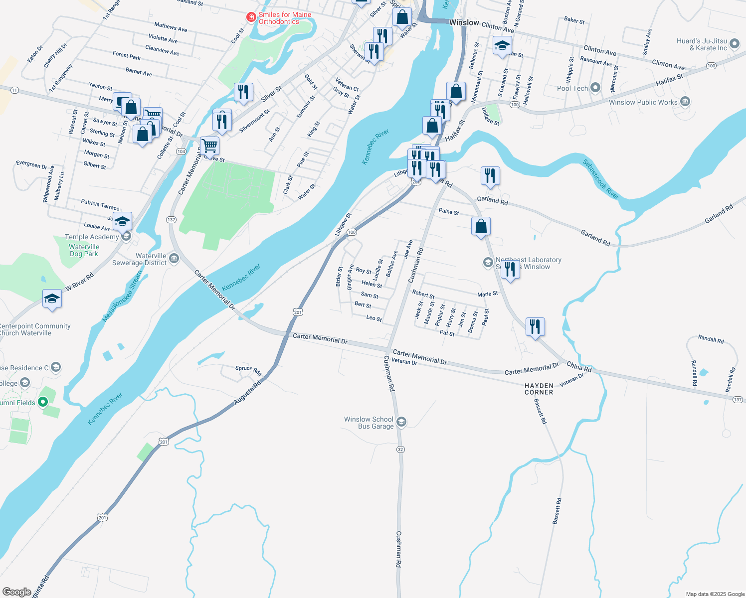map of restaurants, bars, coffee shops, grocery stores, and more near 8 Sam St in Winslow
