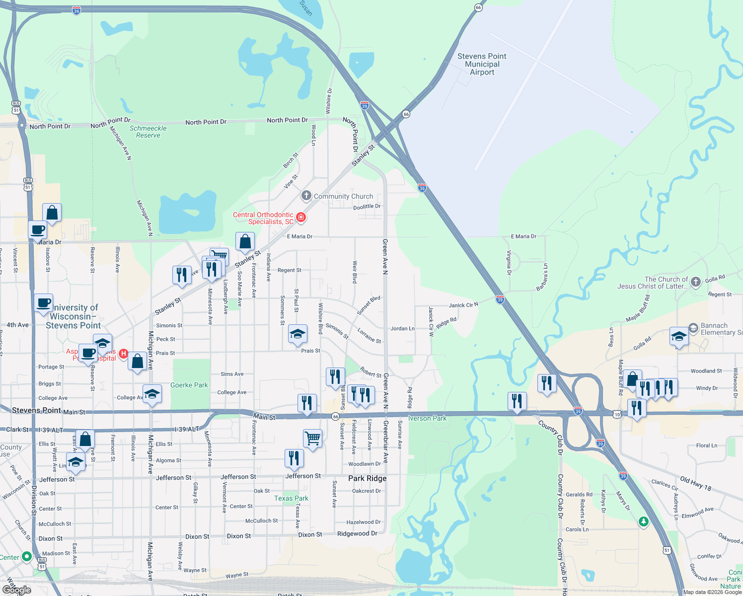 map of restaurants, bars, coffee shops, grocery stores, and more near 424 Sunset Blvd in Stevens Point