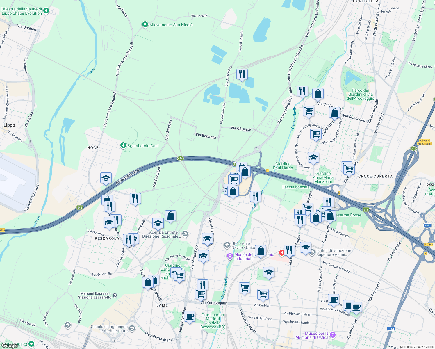 map of restaurants, bars, coffee shops, grocery stores, and more near 9 Via di Roveretolo in Bologna