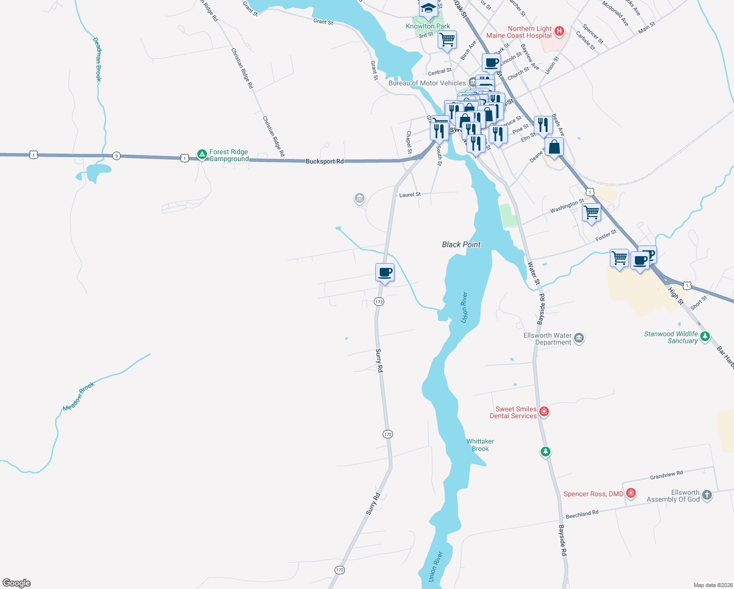 map of restaurants, bars, coffee shops, grocery stores, and more near 12 Hillside Drive in Ellsworth