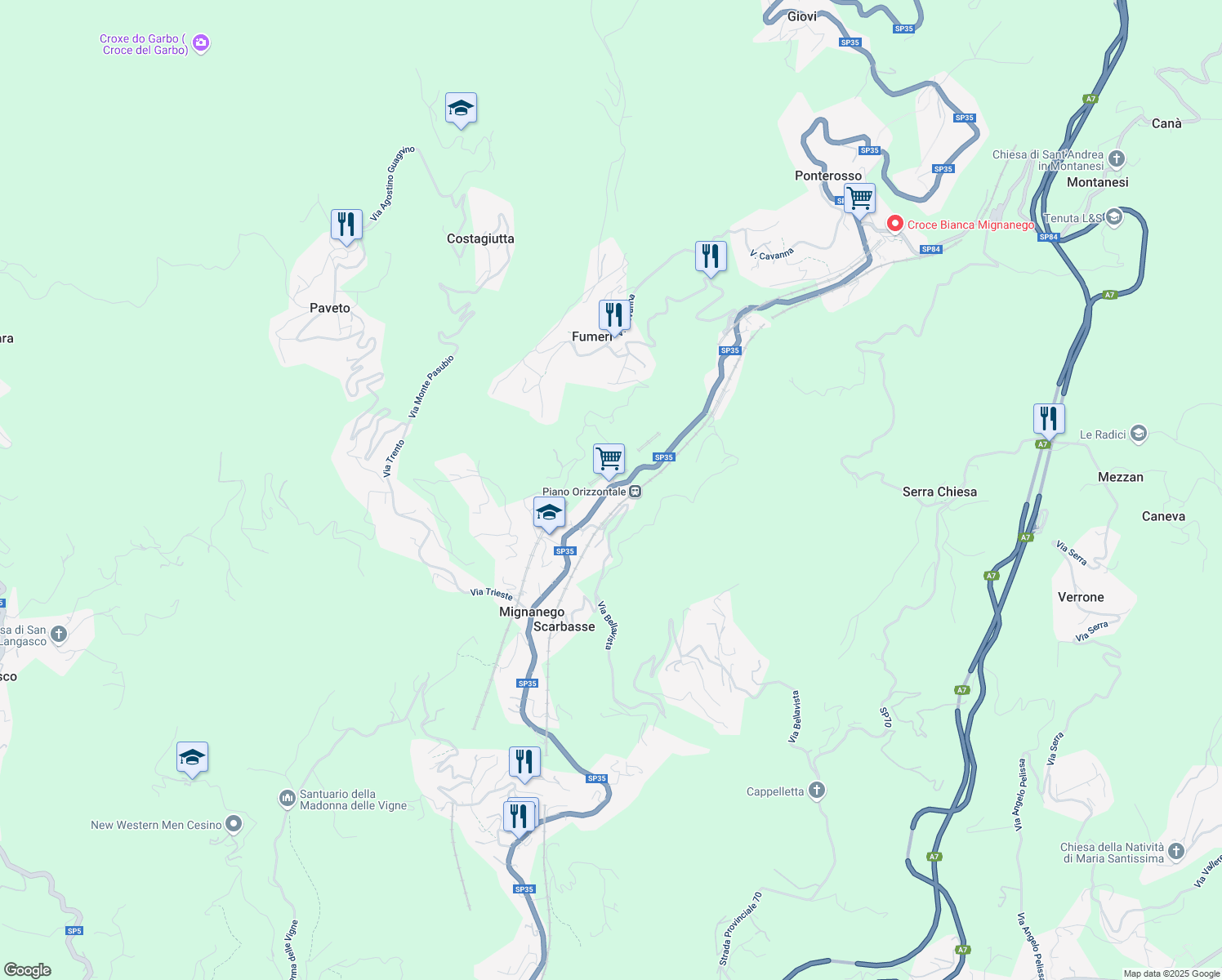 map of restaurants, bars, coffee shops, grocery stores, and more near Strada Statale 35 in Mignanego