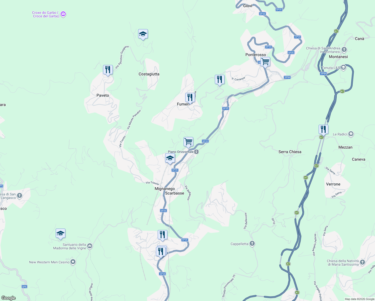 map of restaurants, bars, coffee shops, grocery stores, and more near Strada Statale 35 in Mignanego