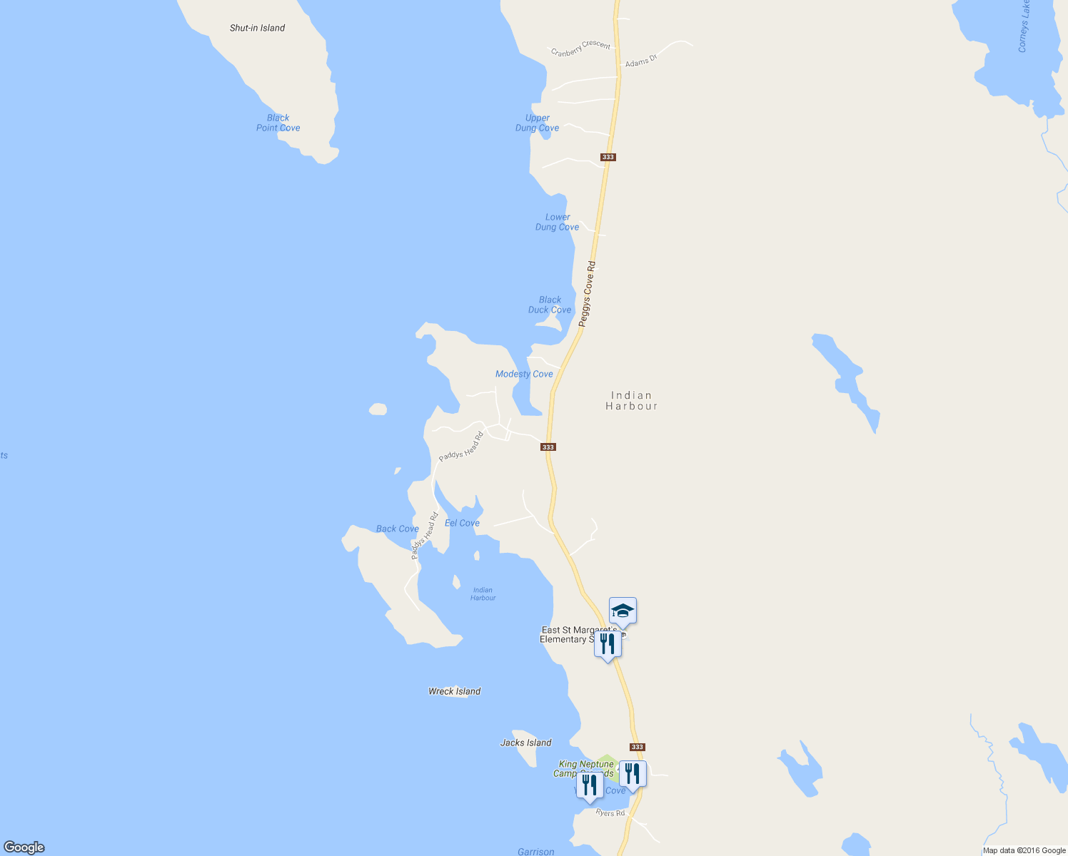 map of restaurants, bars, coffee shops, grocery stores, and more near 17 Paddys Head Road in Indian Harbour