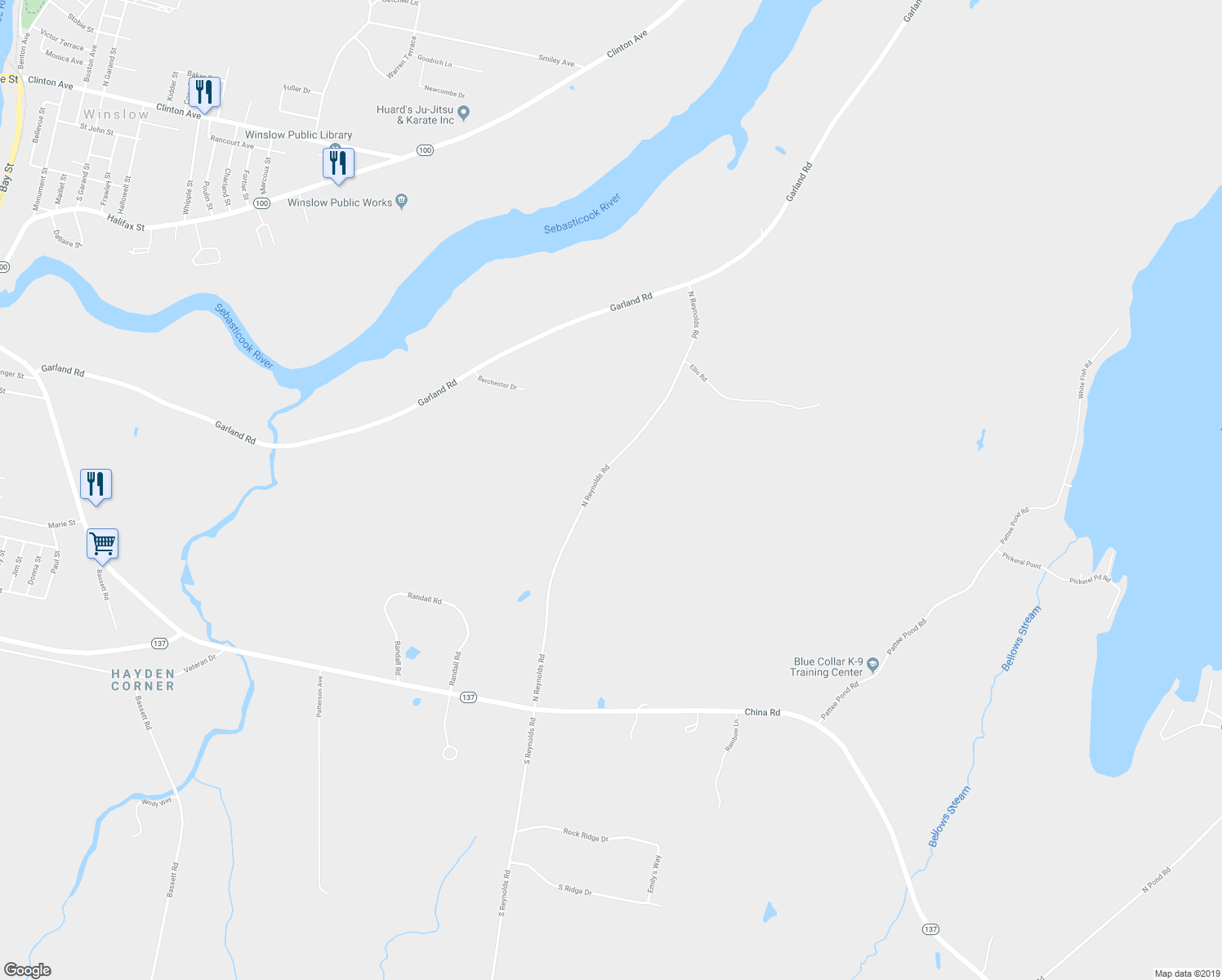 map of restaurants, bars, coffee shops, grocery stores, and more near 129 North Reynolds Road in Winslow