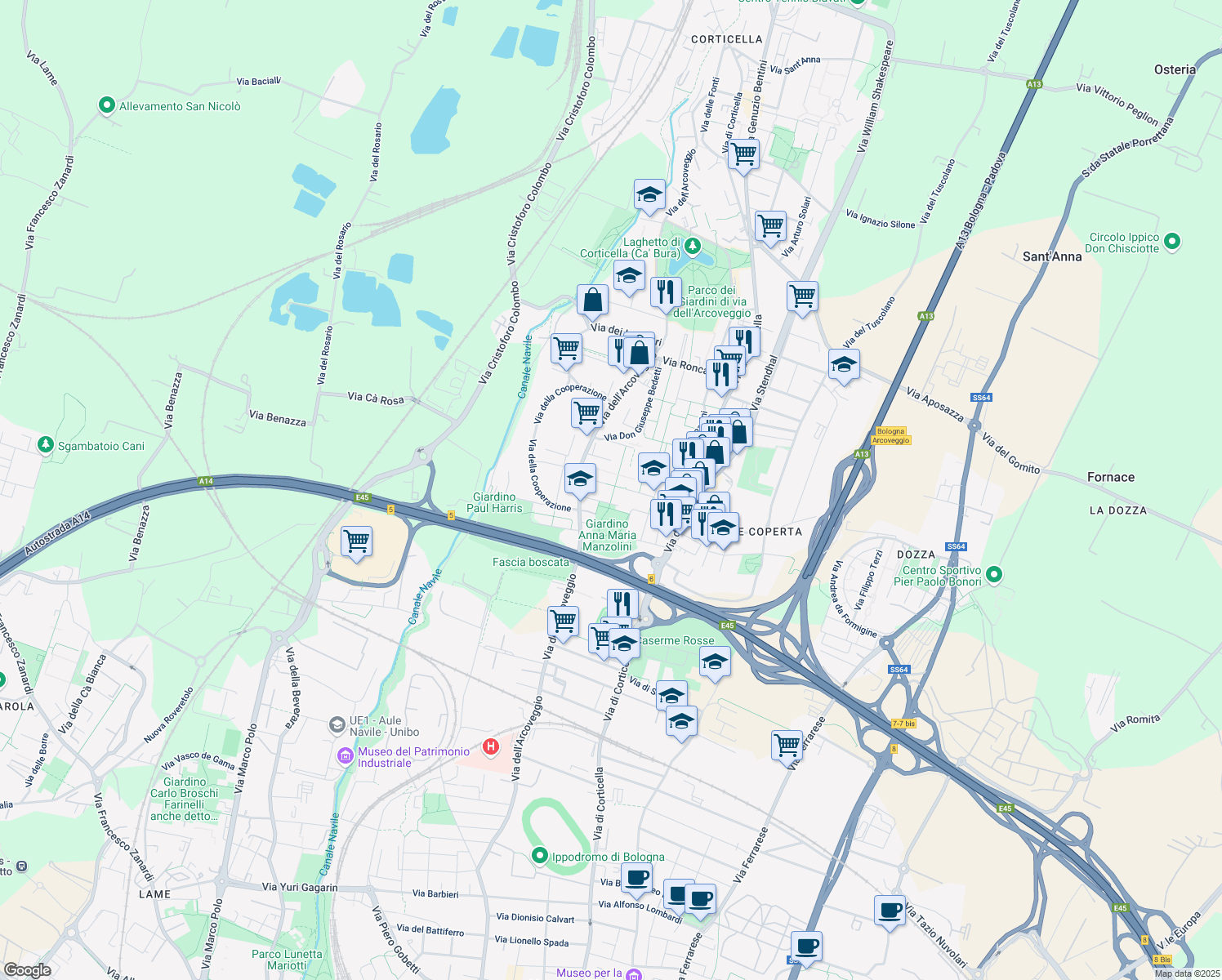 map of restaurants, bars, coffee shops, grocery stores, and more near 30 Via Aimo Domenico in Bologna