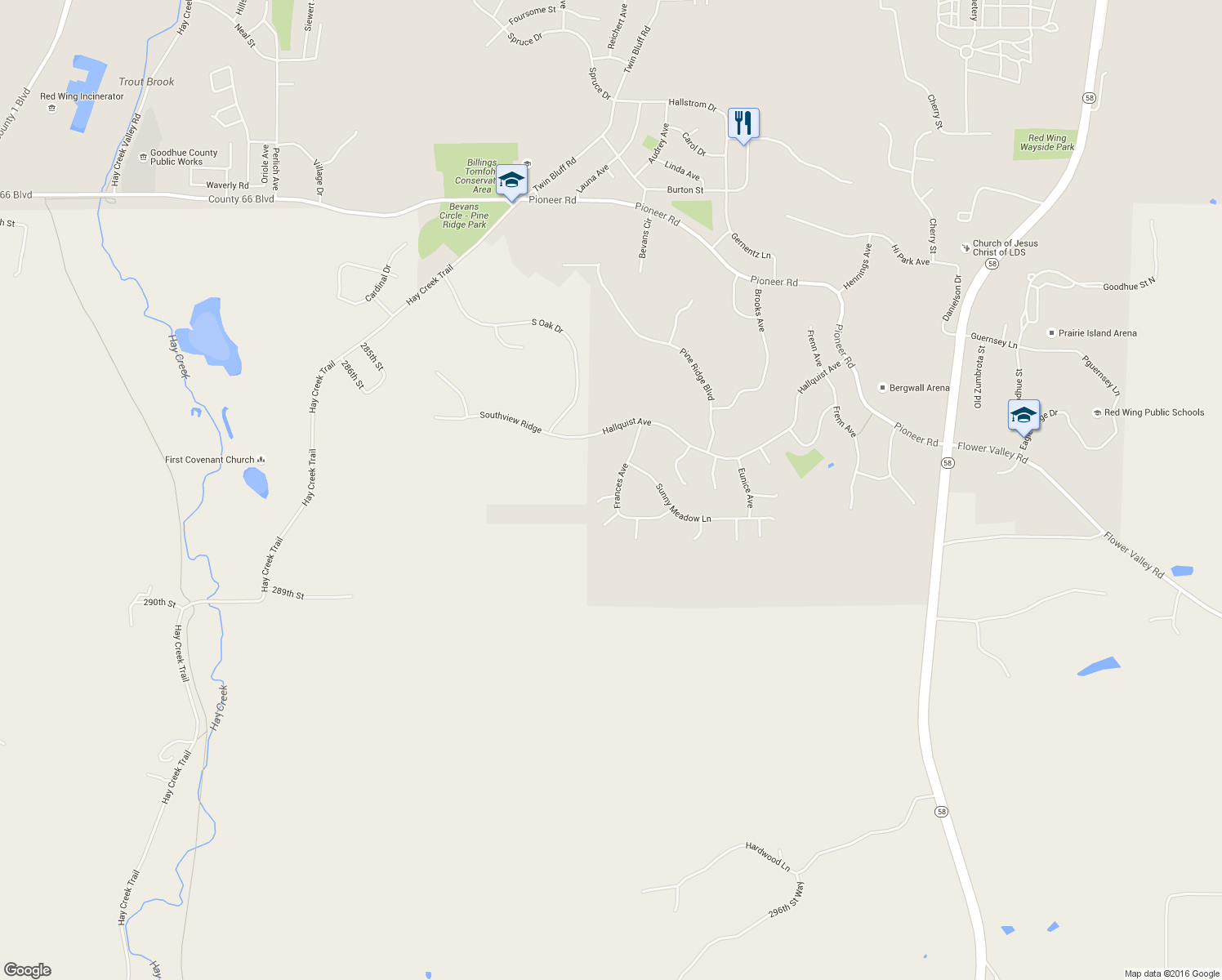 map of restaurants, bars, coffee shops, grocery stores, and more near 2568 Frances Avenue in Red Wing