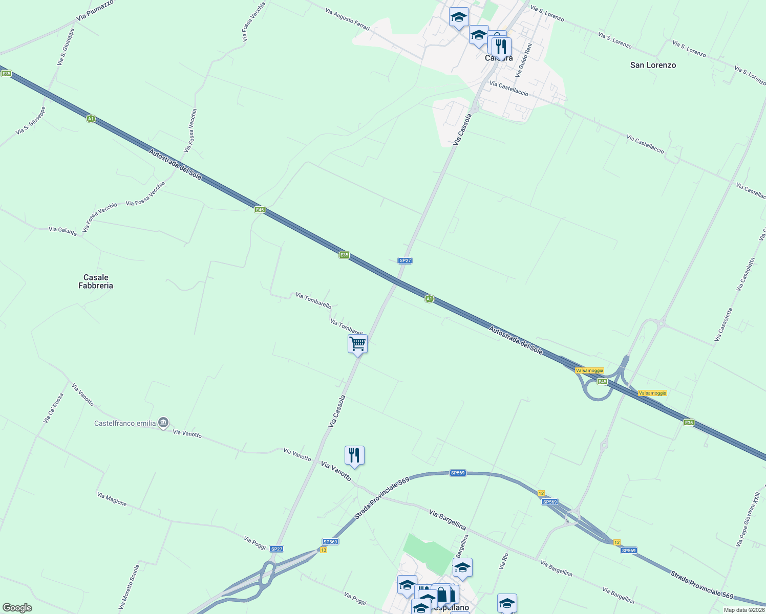 map of restaurants, bars, coffee shops, grocery stores, and more near Strada Provinciale 27 in Città Metropolitana di Bologna