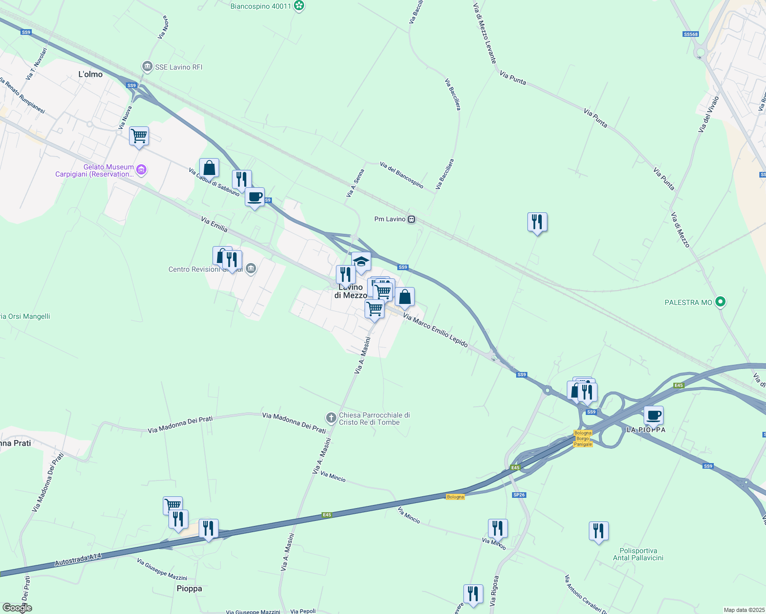 map of restaurants, bars, coffee shops, grocery stores, and more near 3 Via D. Alighieri in Lavino di Mezzo