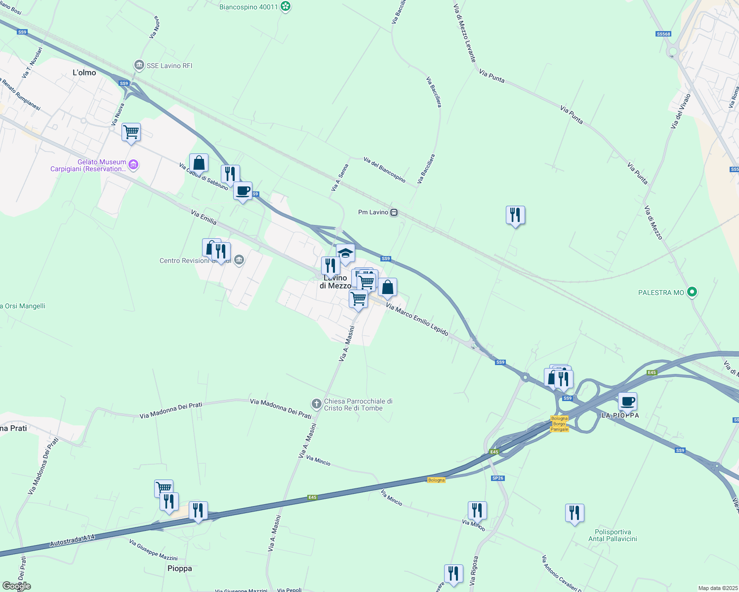 map of restaurants, bars, coffee shops, grocery stores, and more near 3 Via Dante Alighieri in Anzola dell'Emilia