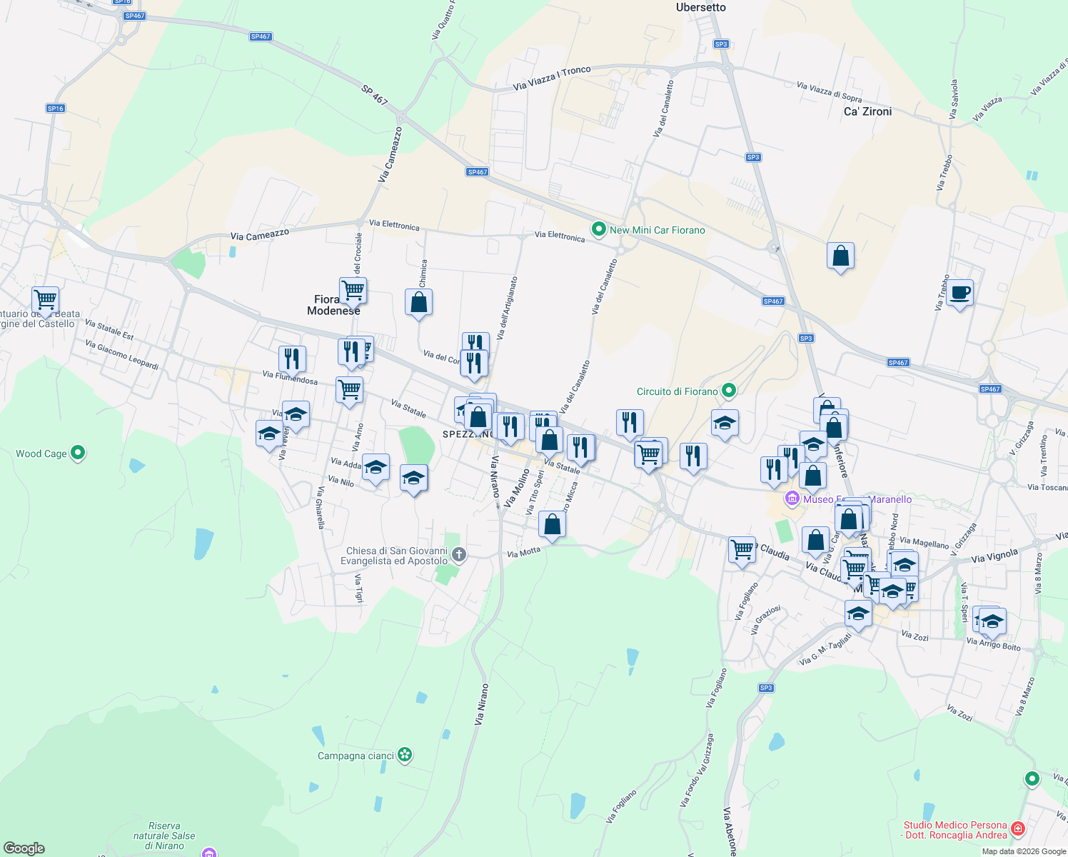 map of restaurants, bars, coffee shops, grocery stores, and more near 6 Via Giuseppe Garibaldi in Fiorano Modenese