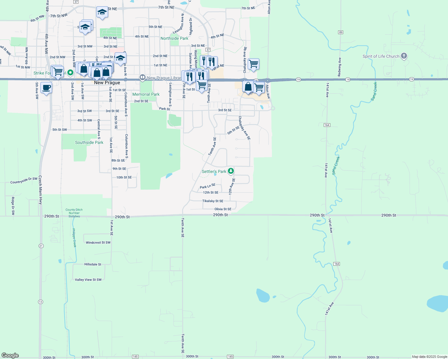 map of restaurants, bars, coffee shops, grocery stores, and more near 1105 Park Court Southeast in New Prague