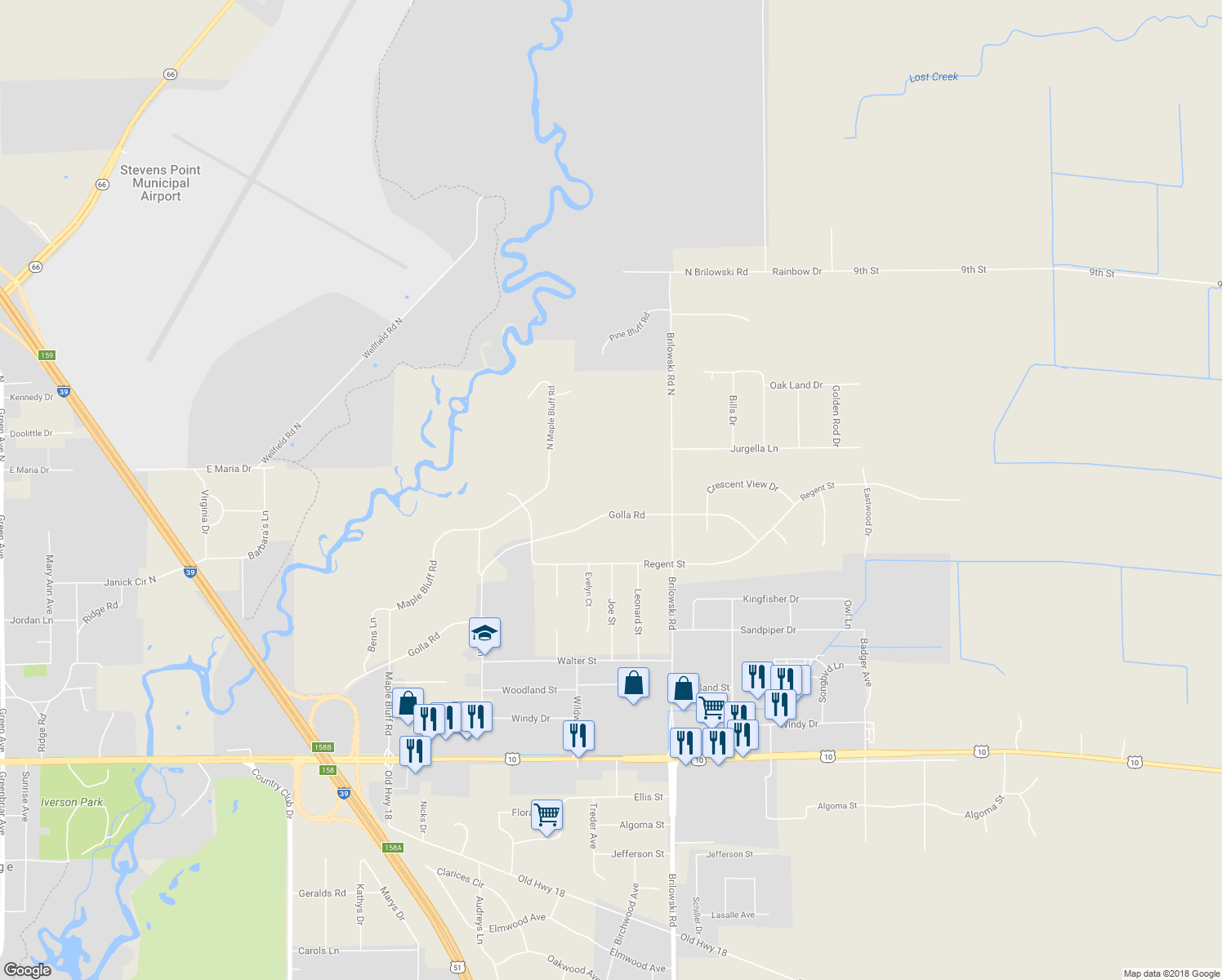 map of restaurants, bars, coffee shops, grocery stores, and more near 5498 Golla Road in Stevens Point