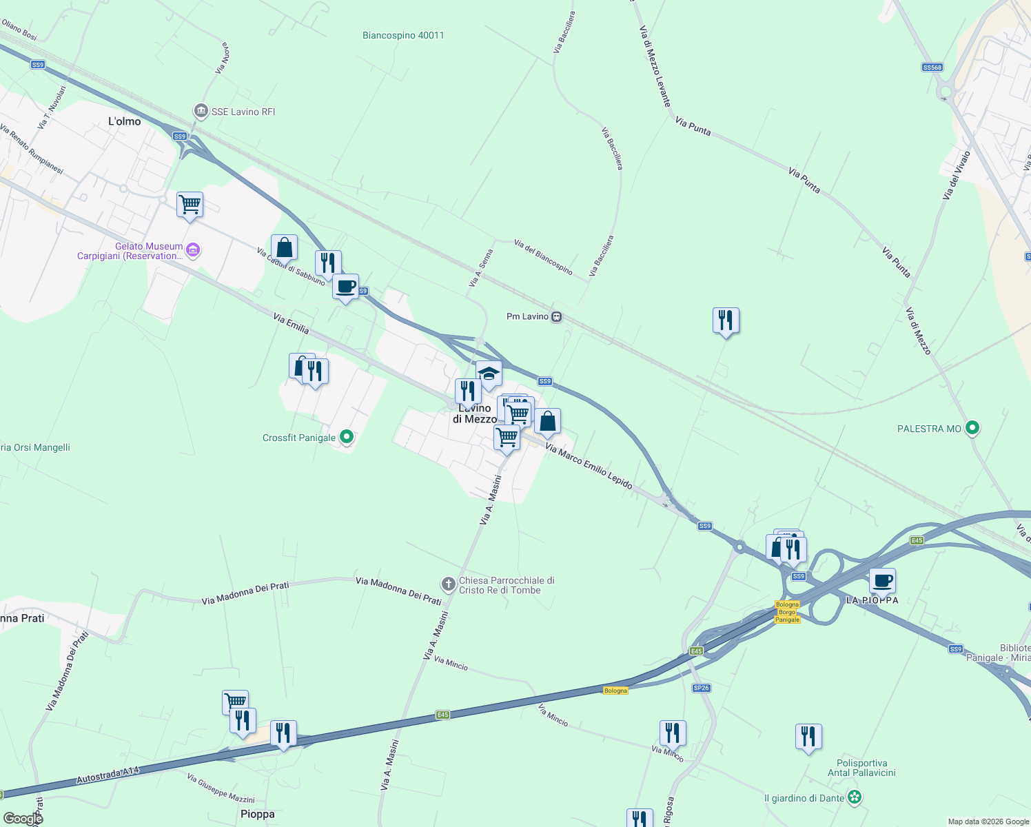 map of restaurants, bars, coffee shops, grocery stores, and more near 3 Via Dante Alighieri in Anzola dell'Emilia