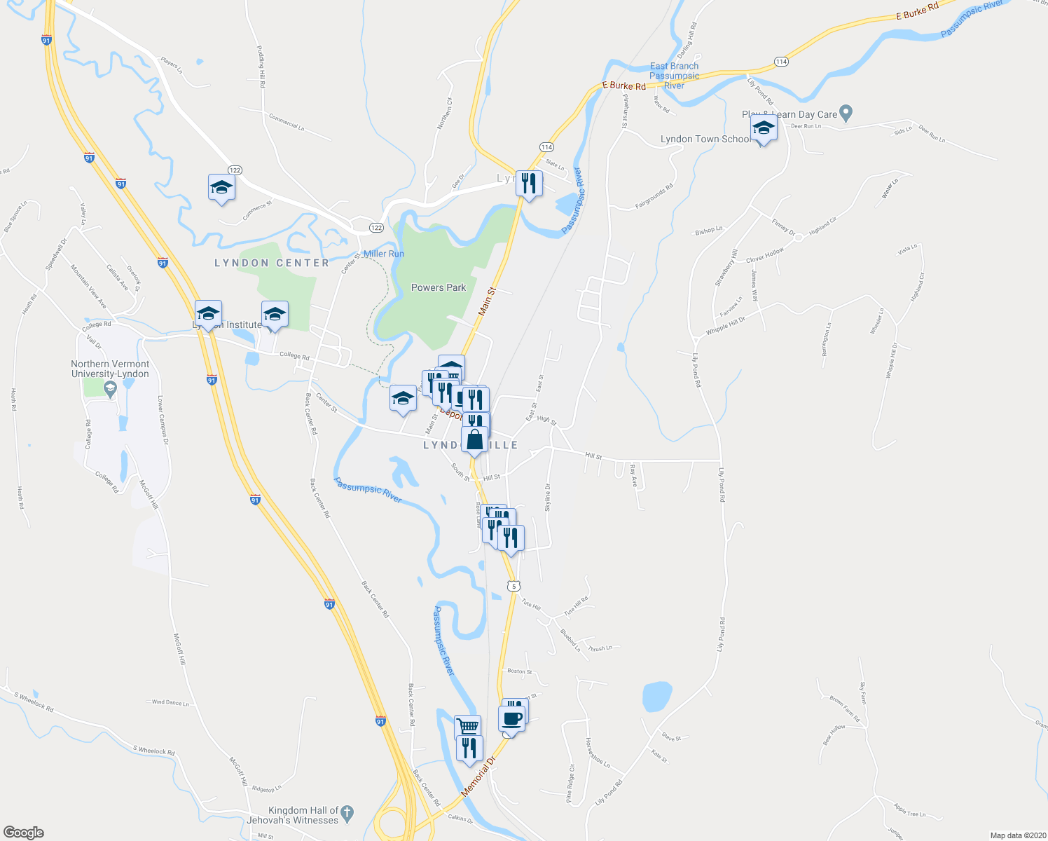 map of restaurants, bars, coffee shops, grocery stores, and more near 7 East Street in Lyndon