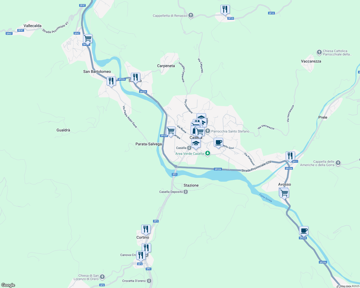 map of restaurants, bars, coffee shops, grocery stores, and more near 20 Viale Europa in Casella
