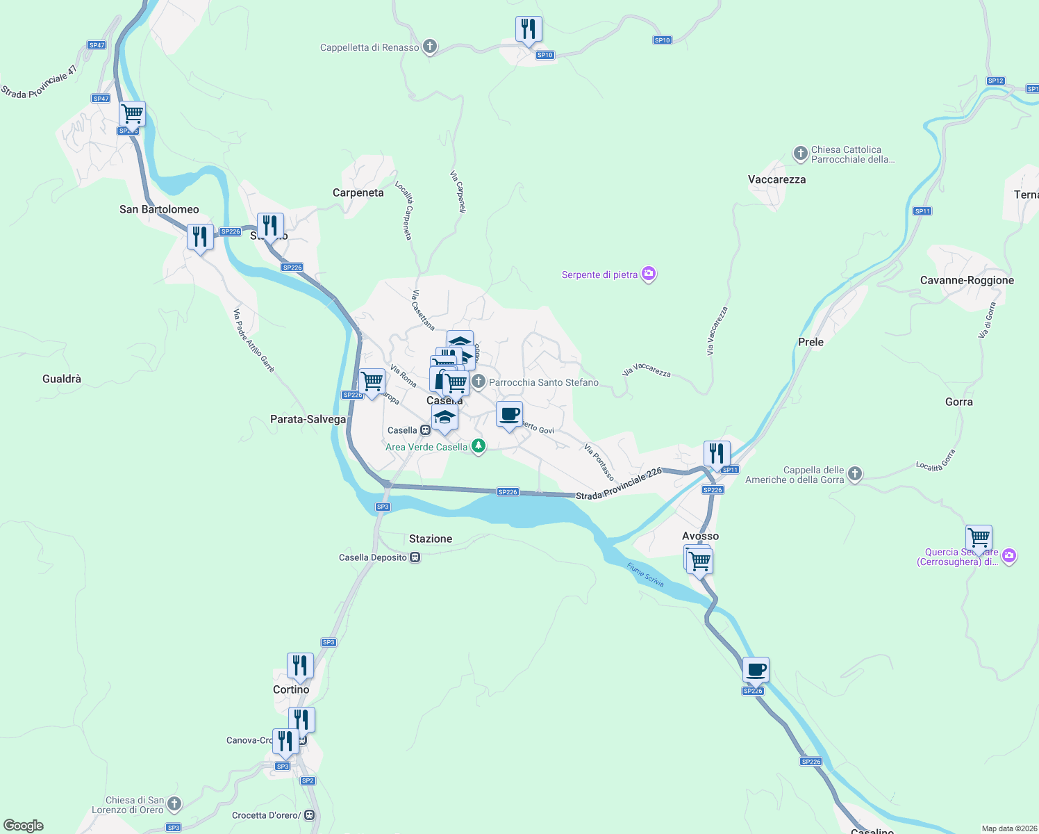 map of restaurants, bars, coffee shops, grocery stores, and more near 3A Via Gilberto Govi in Casella