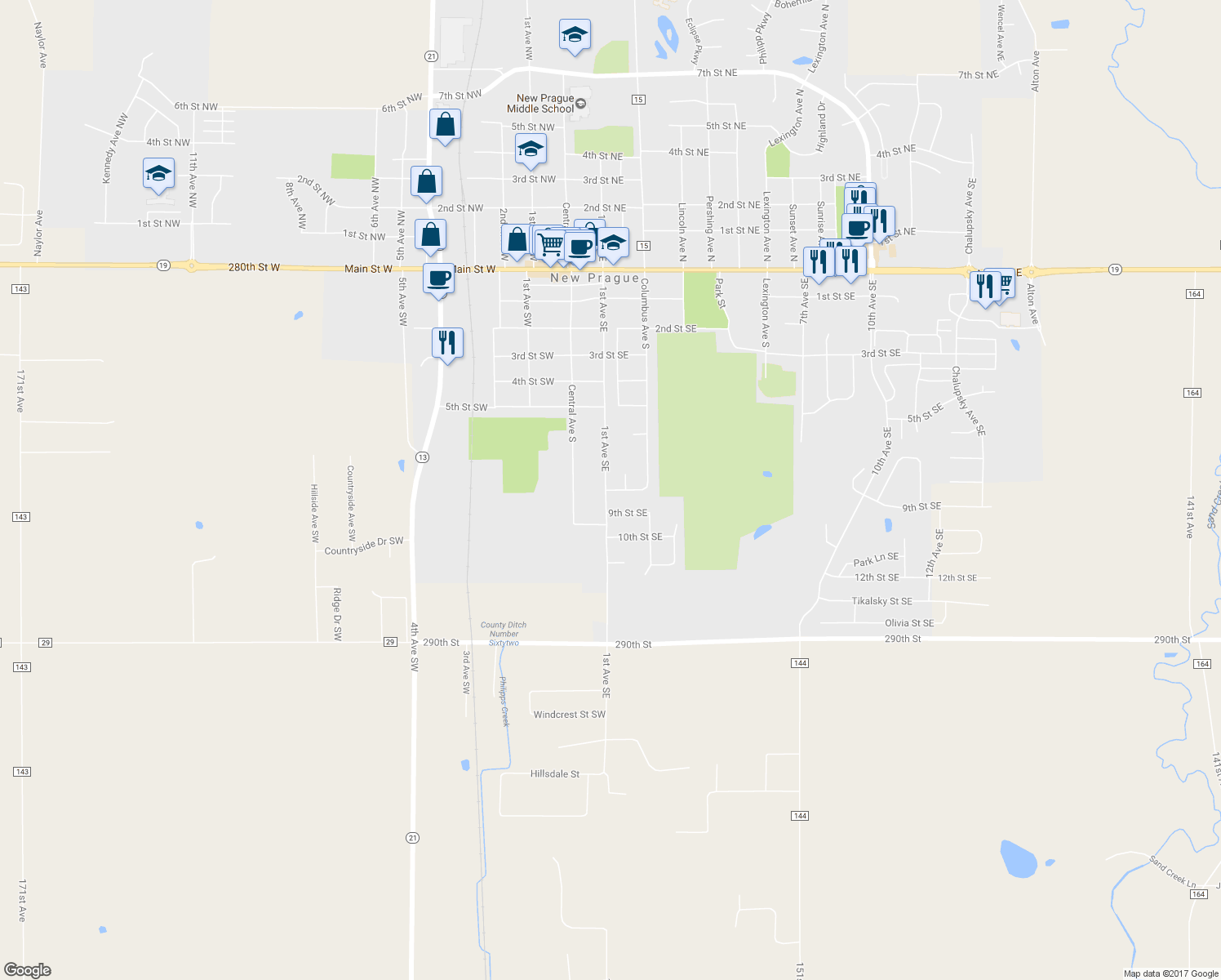 map of restaurants, bars, coffee shops, grocery stores, and more near 212 8th Street Southeast in New Prague