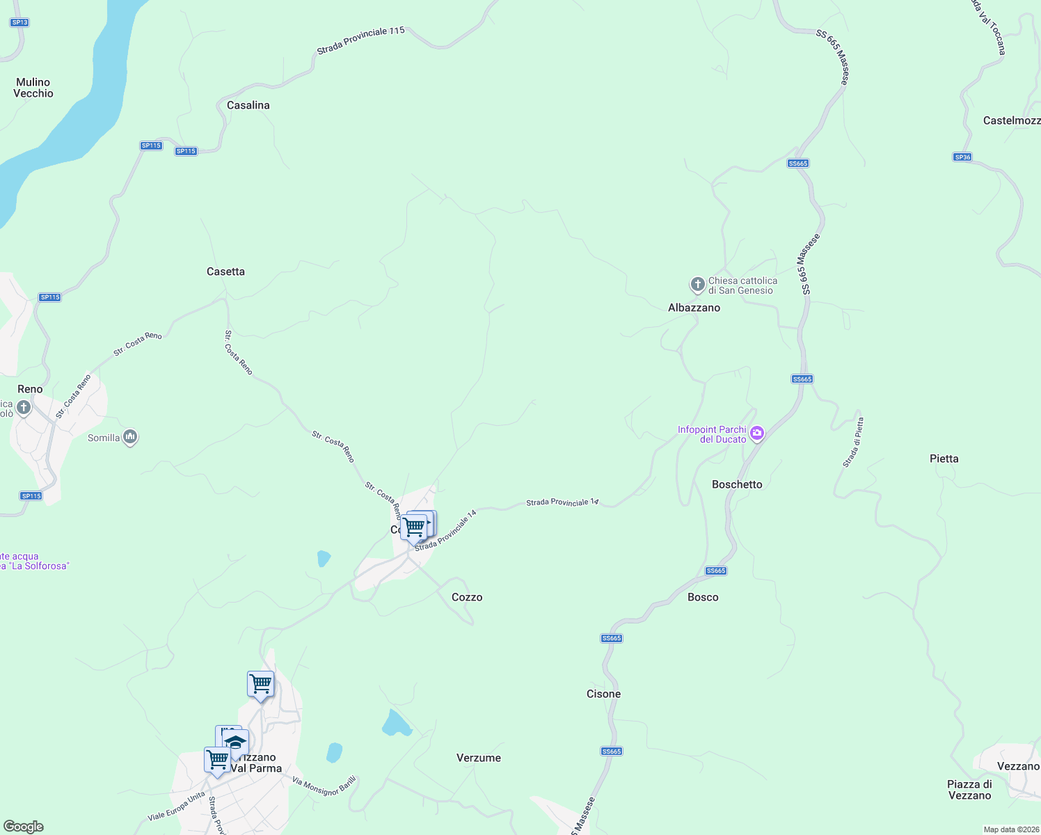 map of restaurants, bars, coffee shops, grocery stores, and more near 68 Strada delle Pieve in Provincia di Parma