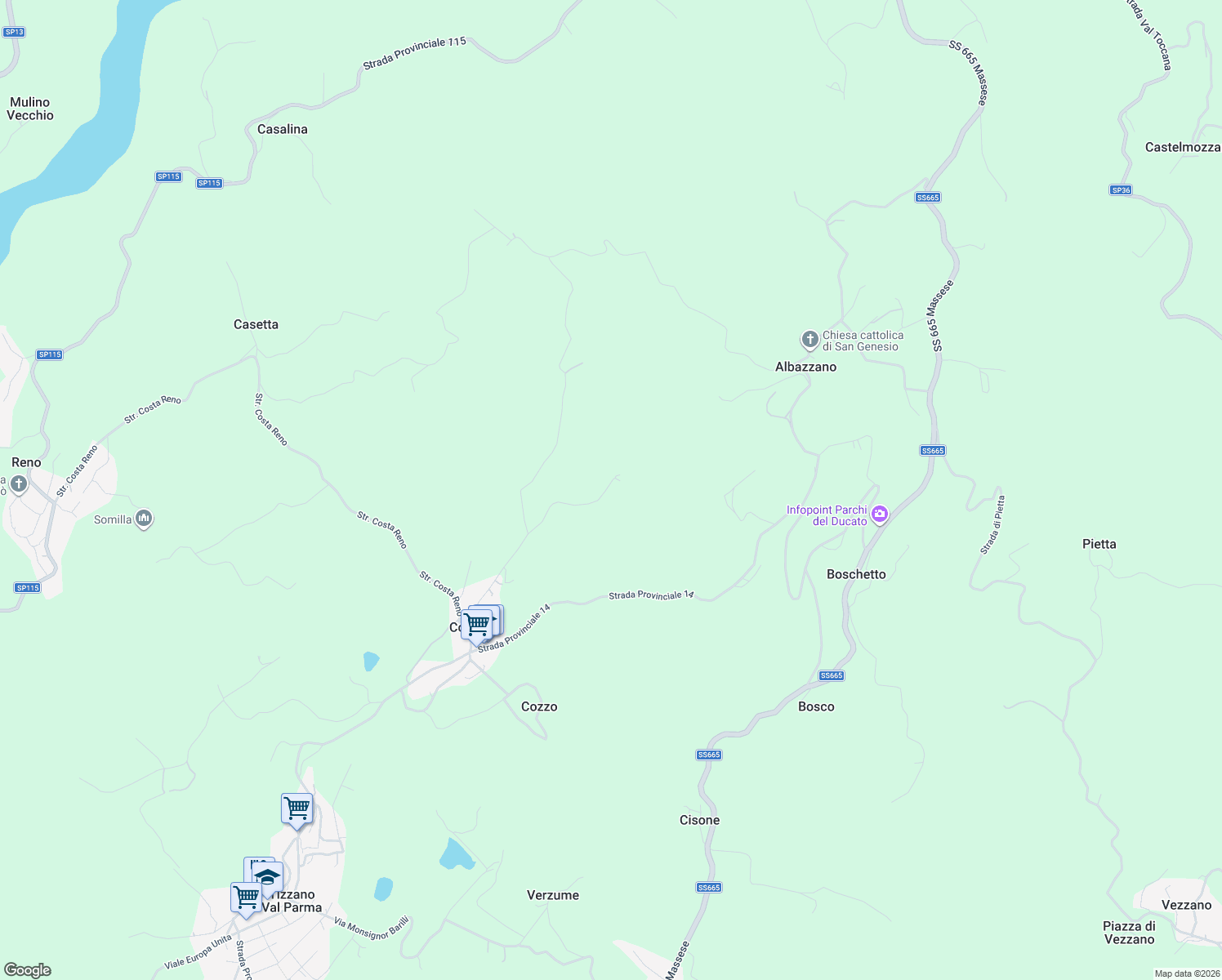 map of restaurants, bars, coffee shops, grocery stores, and more near 68 Strada delle Pieve in Provincia di Parma