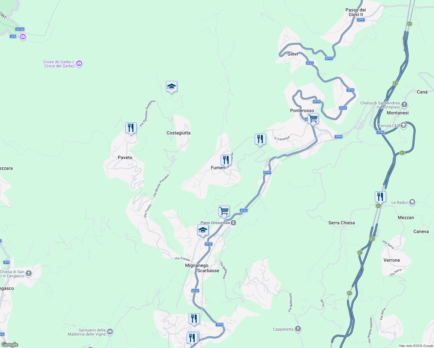 map of restaurants, bars, coffee shops, grocery stores, and more near Via Badino in Fumeri