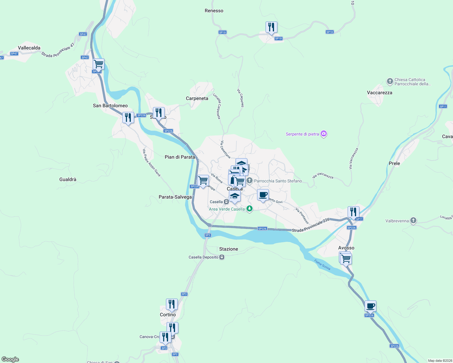 map of restaurants, bars, coffee shops, grocery stores, and more near 34 Via Roma in Casella