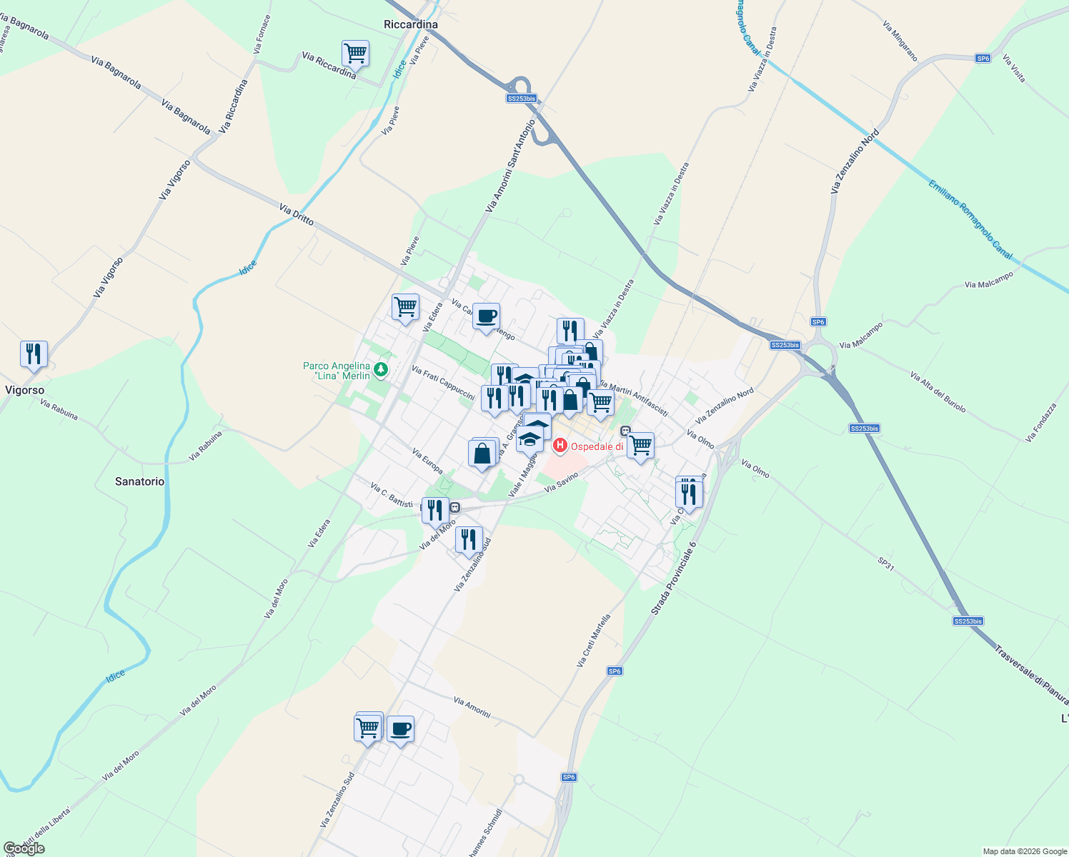 map of restaurants, bars, coffee shops, grocery stores, and more near 2 Via Ettore Zanardi in Budrio