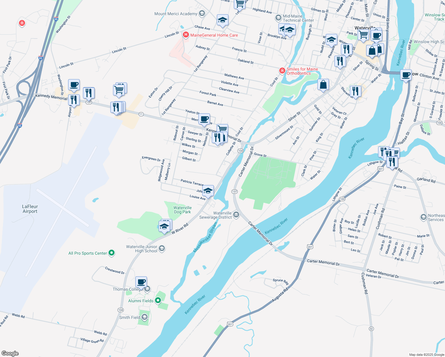 map of restaurants, bars, coffee shops, grocery stores, and more near 59 West River Road in Waterville