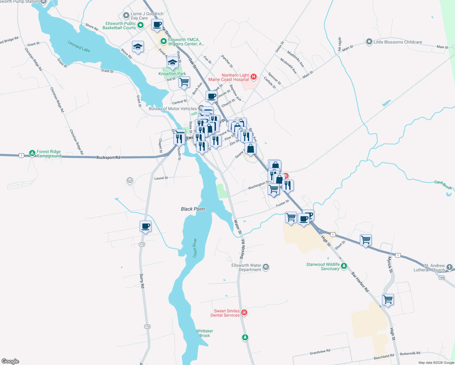 map of restaurants, bars, coffee shops, grocery stores, and more near 384 Water Street in Ellsworth