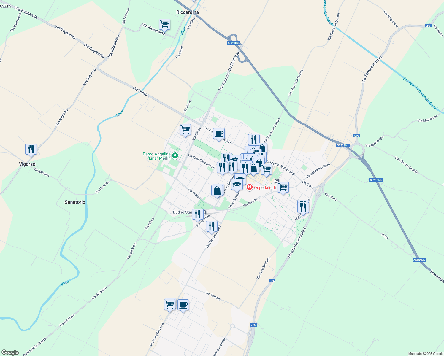 map of restaurants, bars, coffee shops, grocery stores, and more near Via Solmi in Budrio