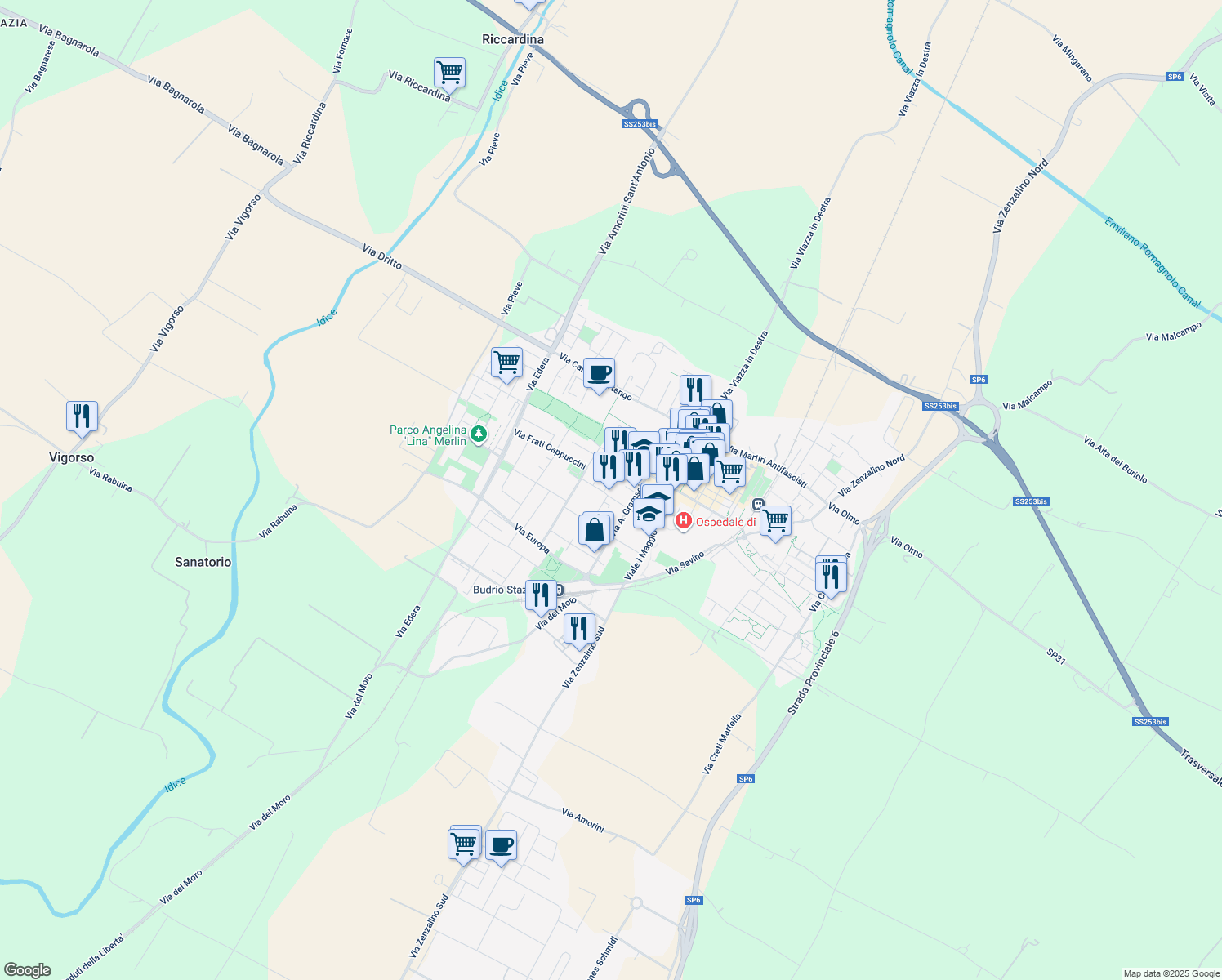 map of restaurants, bars, coffee shops, grocery stores, and more near Via Solmi in Budrio