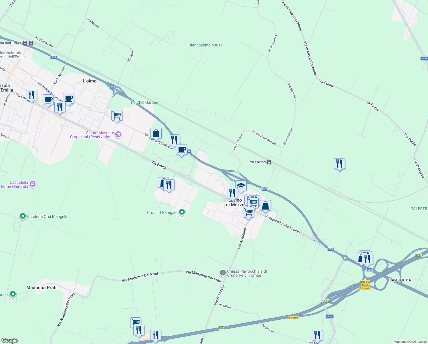 map of restaurants, bars, coffee shops, grocery stores, and more near 8 Via Oliviero Simoni in Anzola dell'Emilia