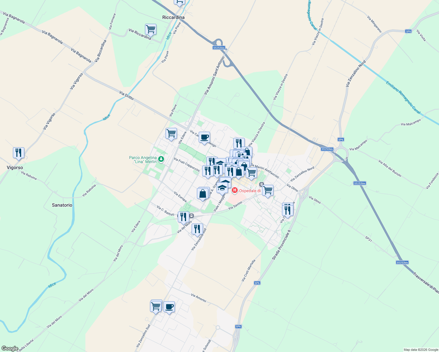 map of restaurants, bars, coffee shops, grocery stores, and more near 2 Via Ettore Zanardi in Budrio