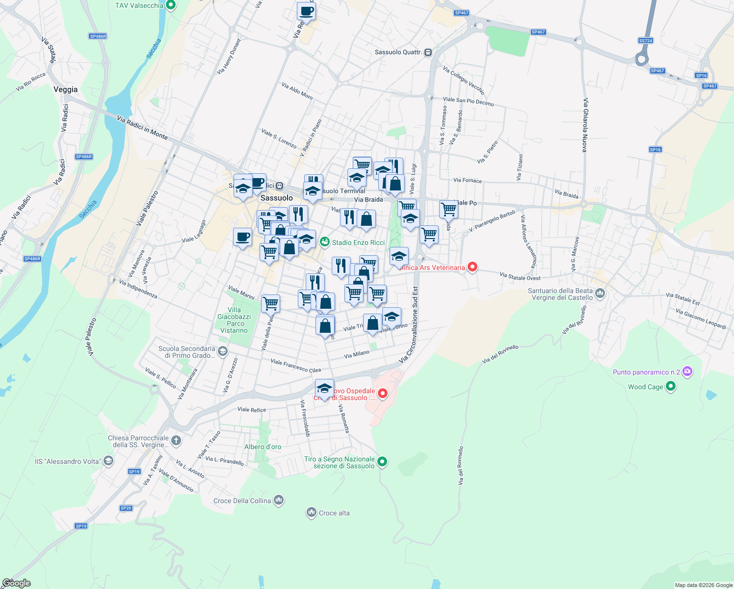 map of restaurants, bars, coffee shops, grocery stores, and more near 22 Viale Manfredo Fanti in Sassuolo